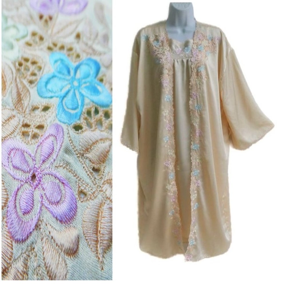 Vintage Peignoir Set Babydoll Nightgown Robe Ecru Satin Floral Embroidery L